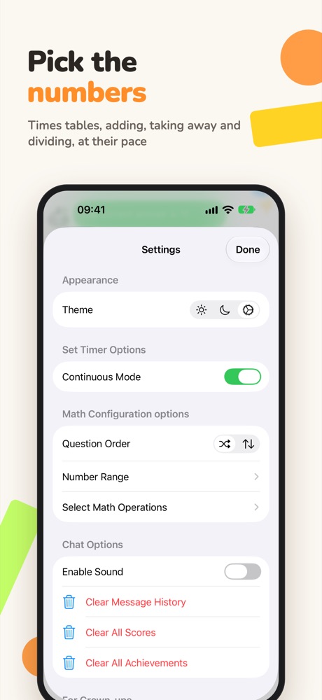 Settings: choose the numbers, the operations and the order of the questions