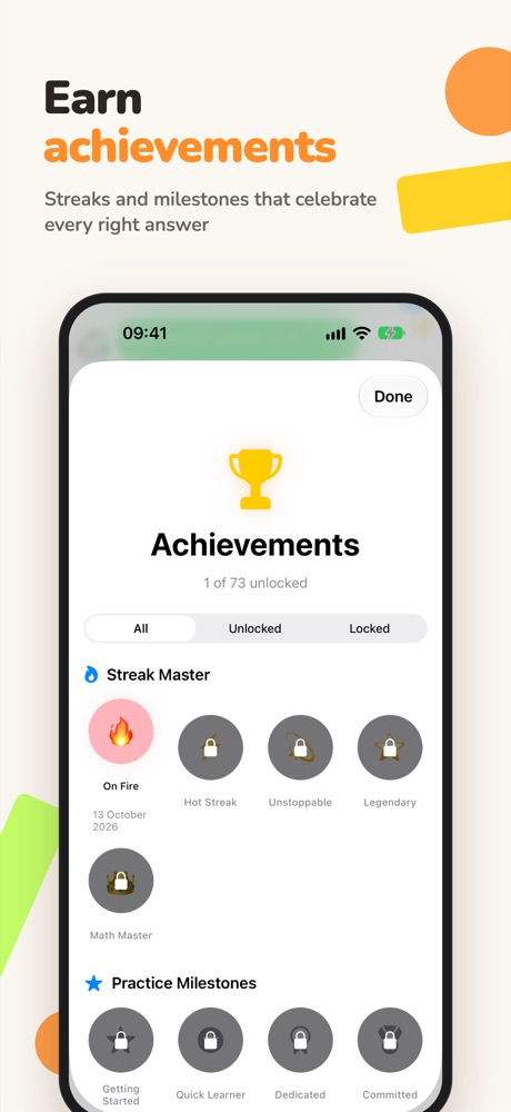 Achievements: badges for streaks, number mastery and milestones
