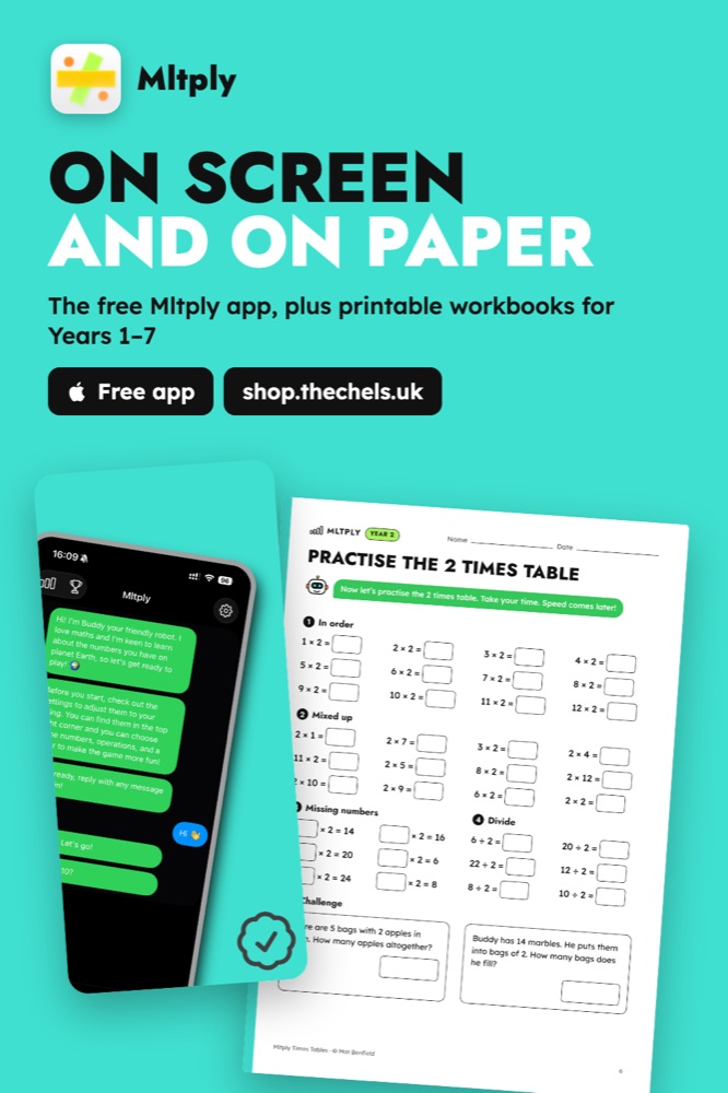 On screen and on paper: the free Mltply app beside a printable times tables workbook page for Years 1 to 7